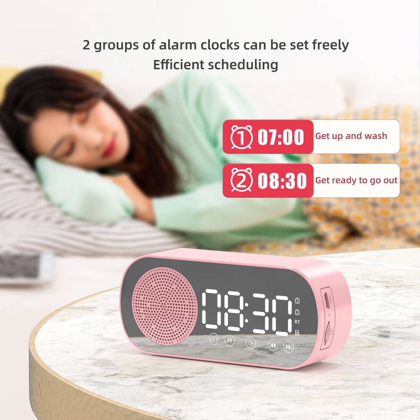 Alarm clock radio - mains powered alarm clock radio - child's alarm clock - digital alarm clocks - analog alarm clock - digital alarm clock - digital bedroom alarm clock - Bluetooth speaker - speaker - mirror with light - portable radio - pink - 1 piece