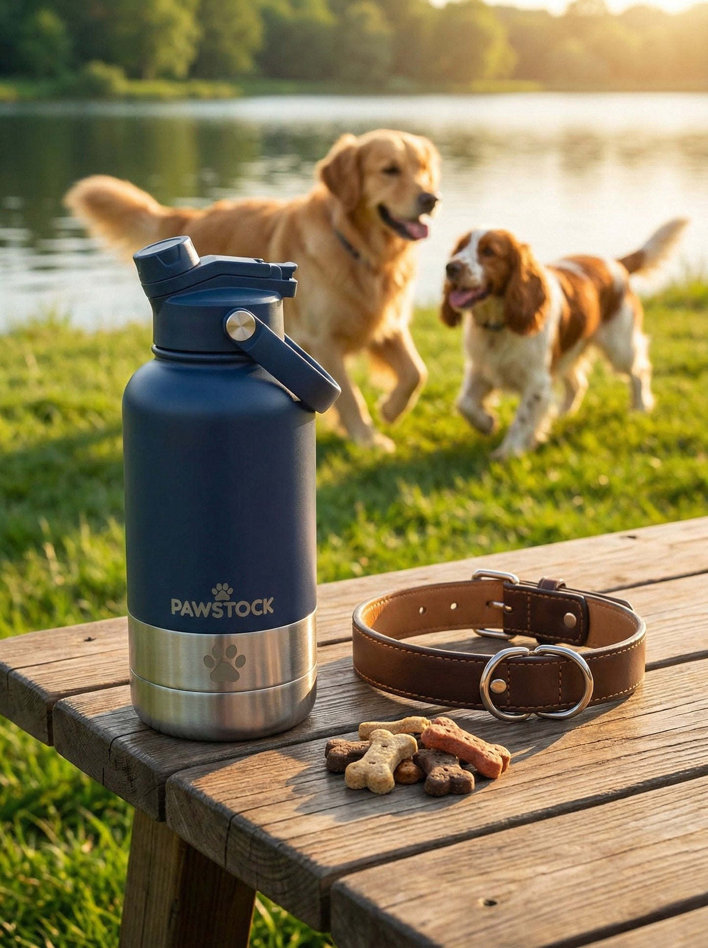 Pawstock 3-in-1 Insulated Dog Water Bottle with Dual Bowls – 1L Stainless Steel Travel Bottle - Brown
