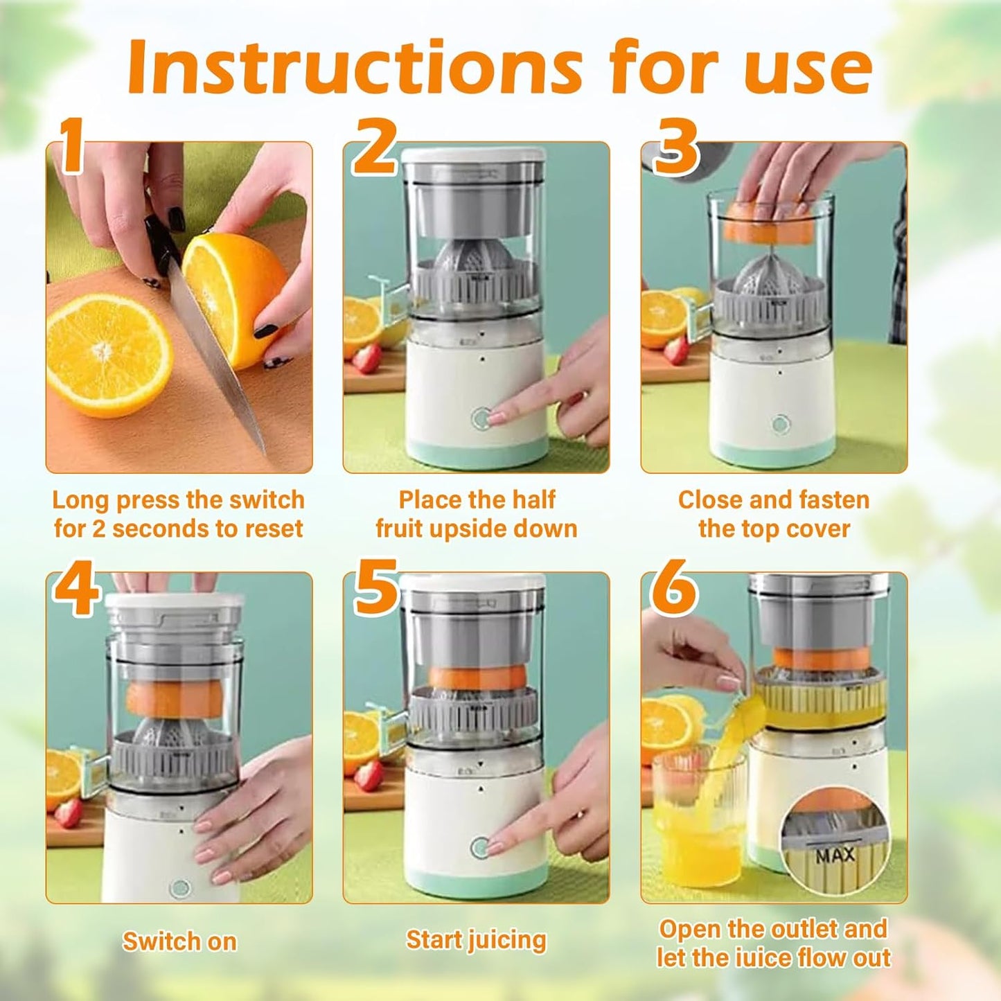 CARLA HOME Hands-Free Citrus Juicer with USB Rechargeable Electric Fruit Squeezer