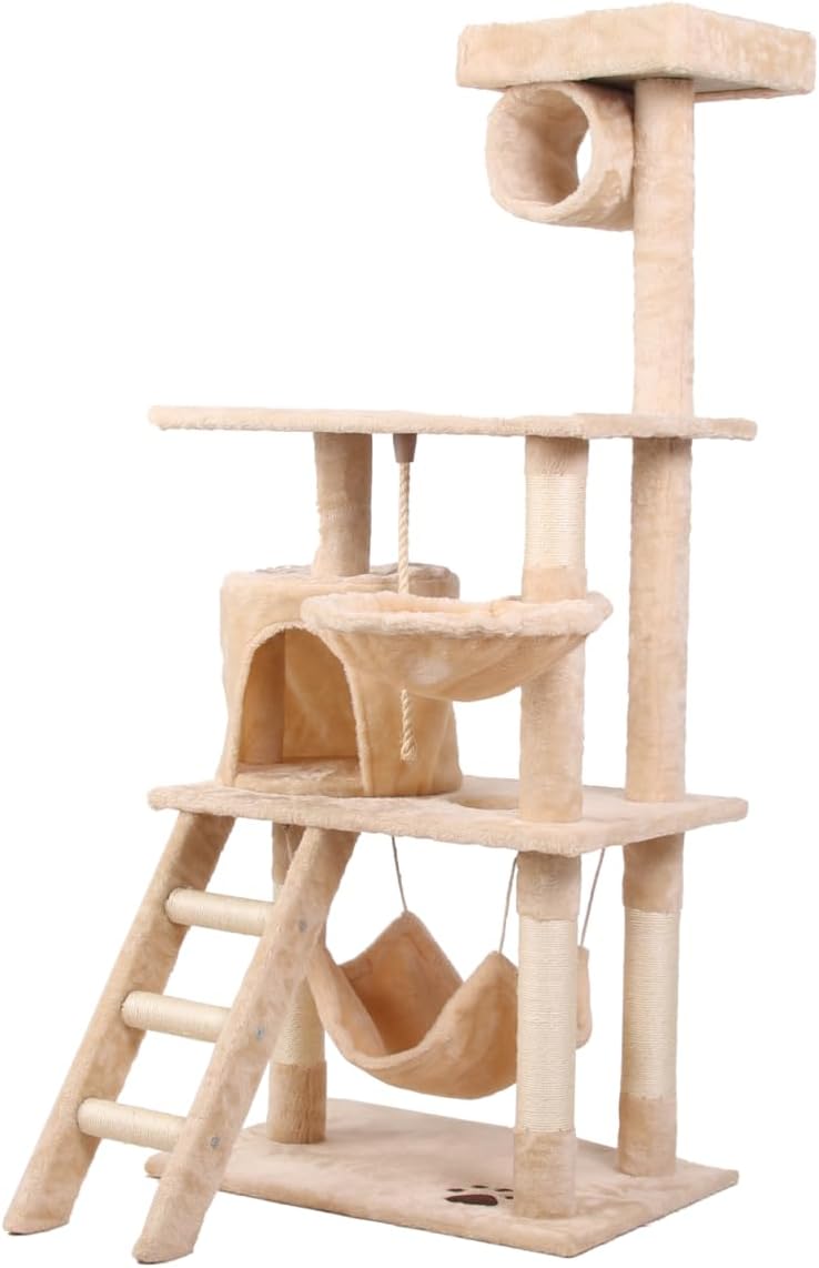 CARLA HOME 141cm Cat Tree Tower for Indoor Cats with Plush Perch, Ladder, Sisal Scratching Posts, Hammock & Condo for Kittens & Adult Cats (Beige)