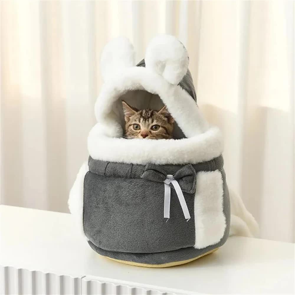 Grey 2-in-1 Ultra-Soft Plush Pet Carrier & Mobile Bed - Portable & Lightweight Cute Cat Ear Design Travel Cabin (L 33 x 25 x 27CM)