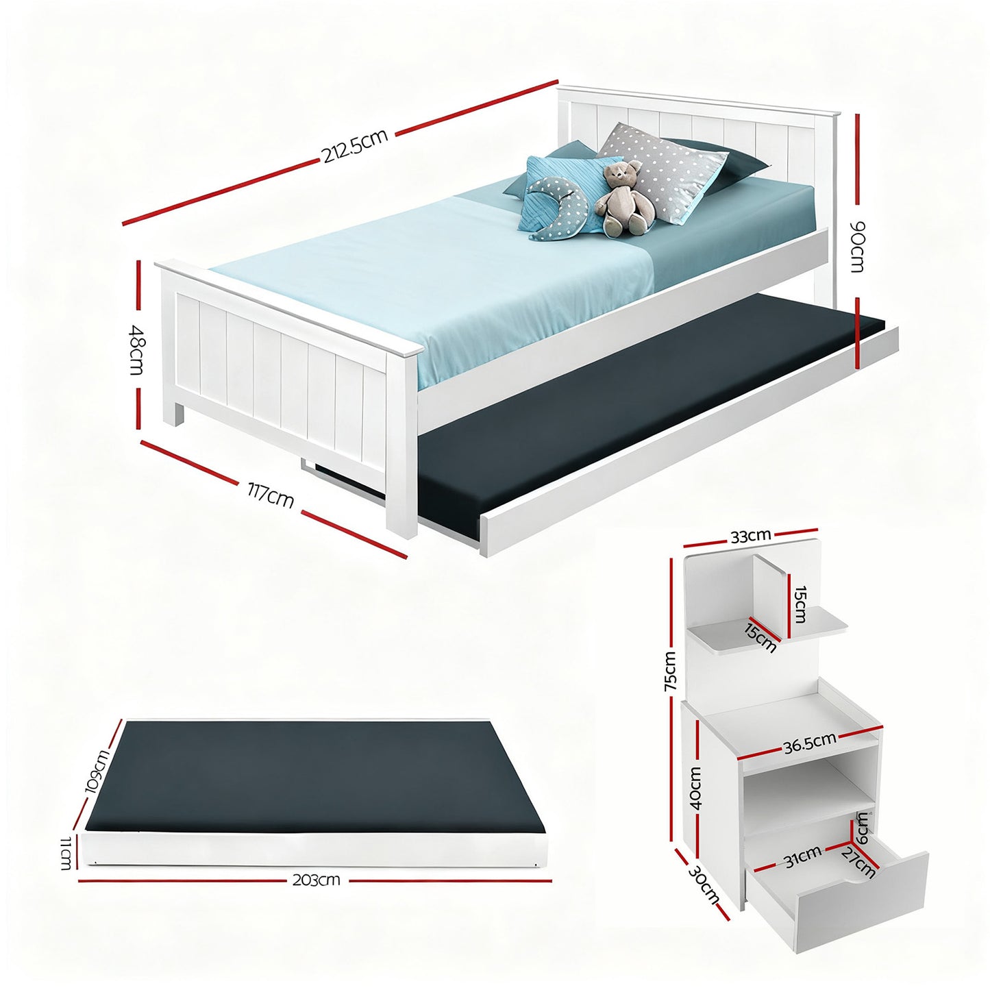 Artiss King Single Bed Frame and Bedside Table White