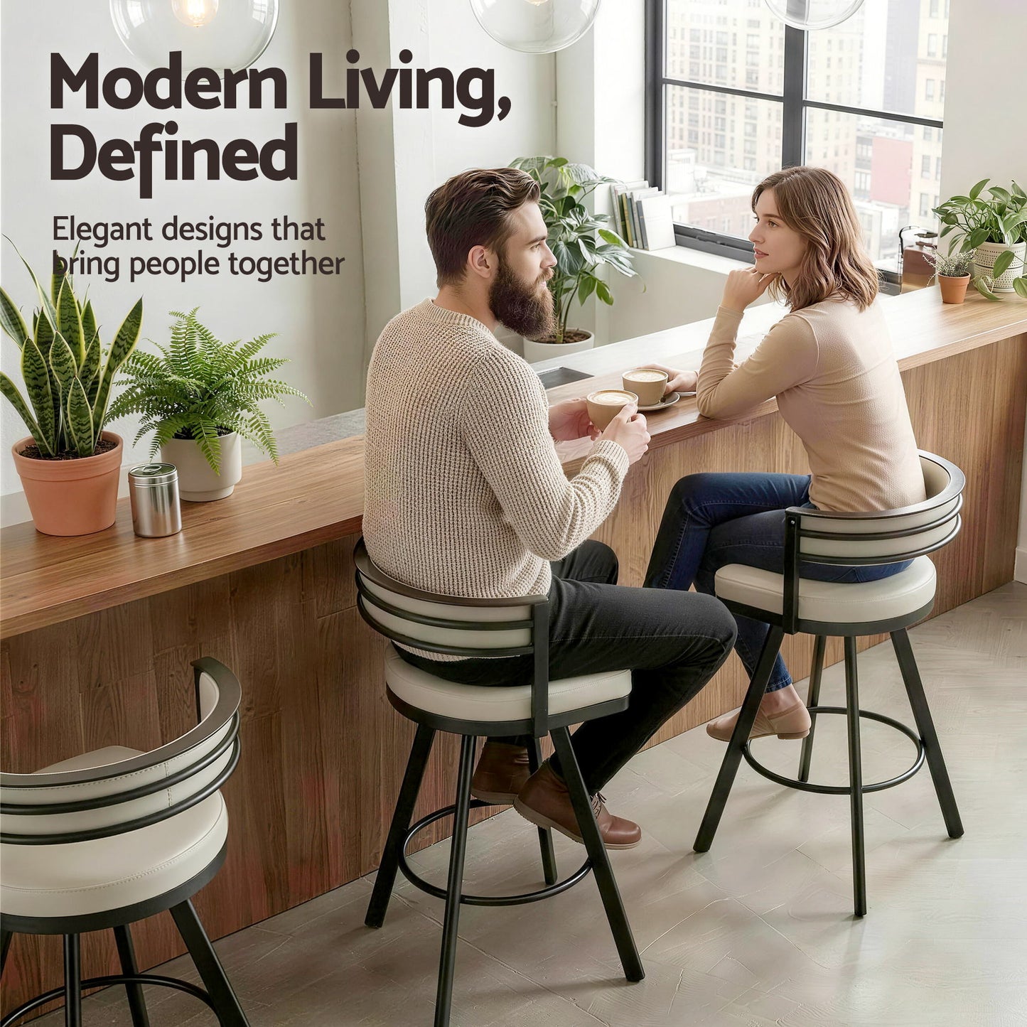 Artiss Bar Stool Swivel Kitchen Chair Metal PU Leather Counter Beige