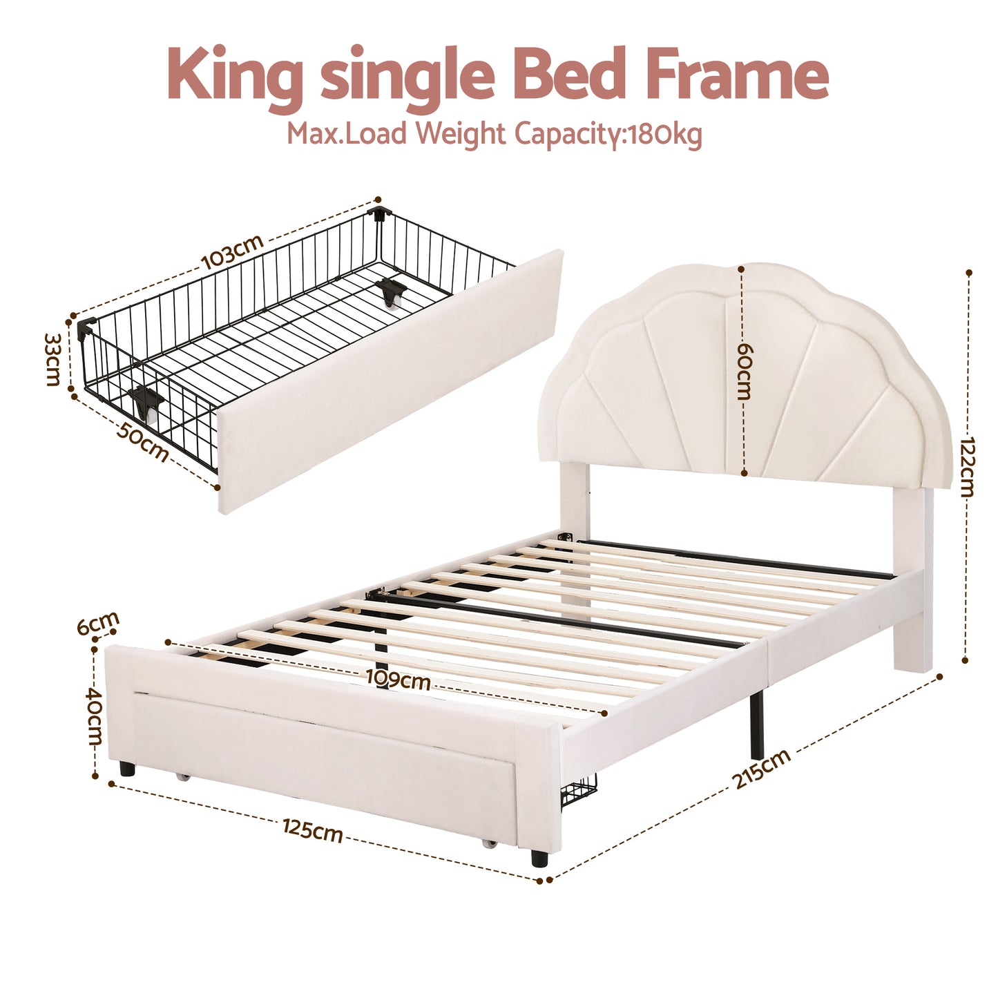 Artiss King Single Bed Frame with Storage Drawer Upholstered Velvet Platform Bed LED Headboard