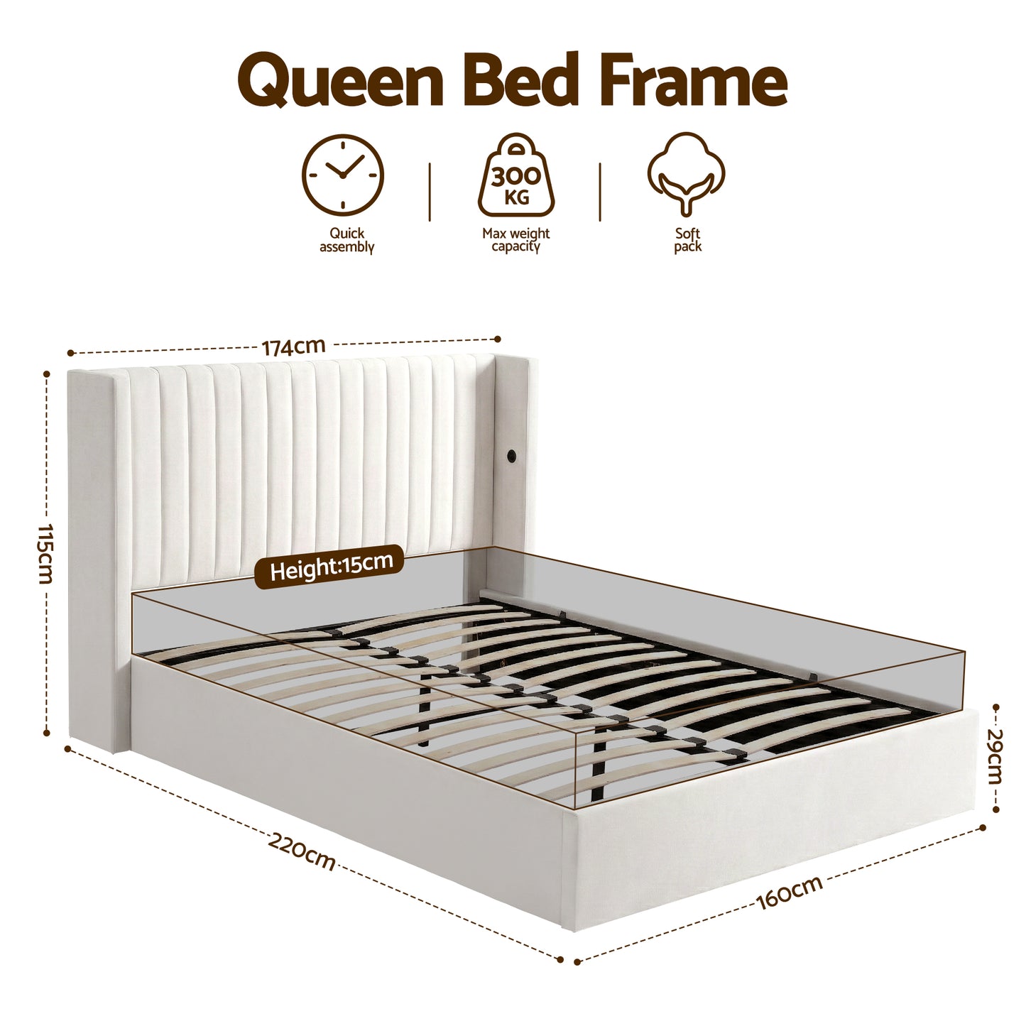 Artiss Queen Bed Frame with Gaslift Storage USB Type-C Charging Ports Velvet Upholstery White