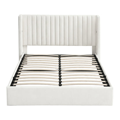 Artiss Queen Bed Frame with Gaslift Storage USB Type-C Charging Ports Velvet Upholstery White