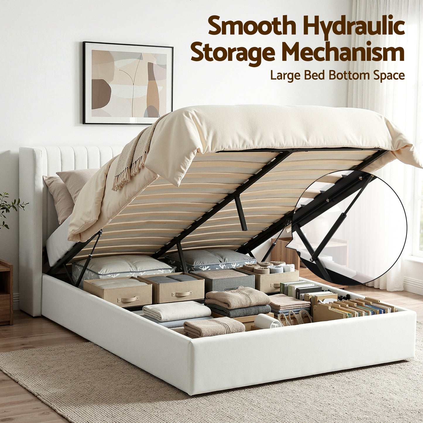 Artiss Queen Bed Frame with Gaslift Storage USB Type-C Charging Ports Velvet Upholstery White