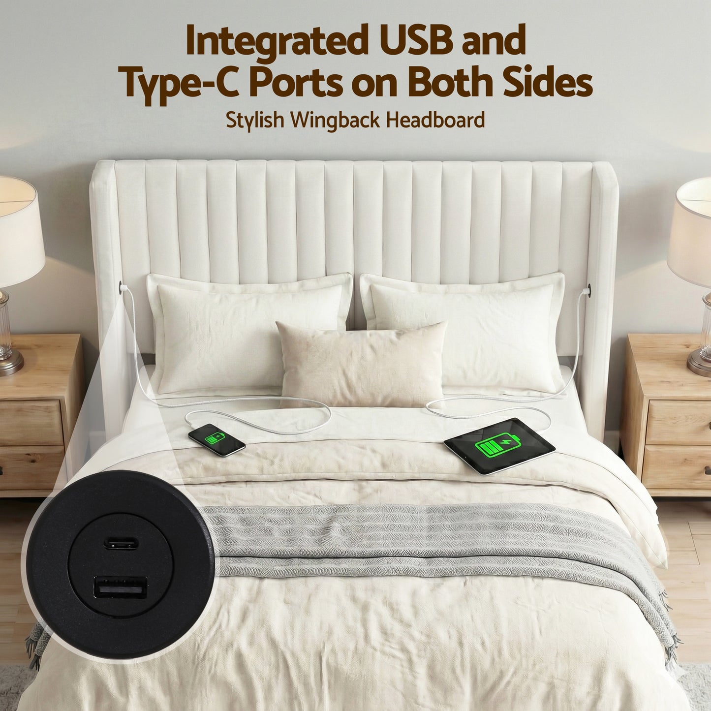 Artiss Queen Bed Frame with Gaslift Storage USB Type-C Charging Ports Velvet Upholstery White