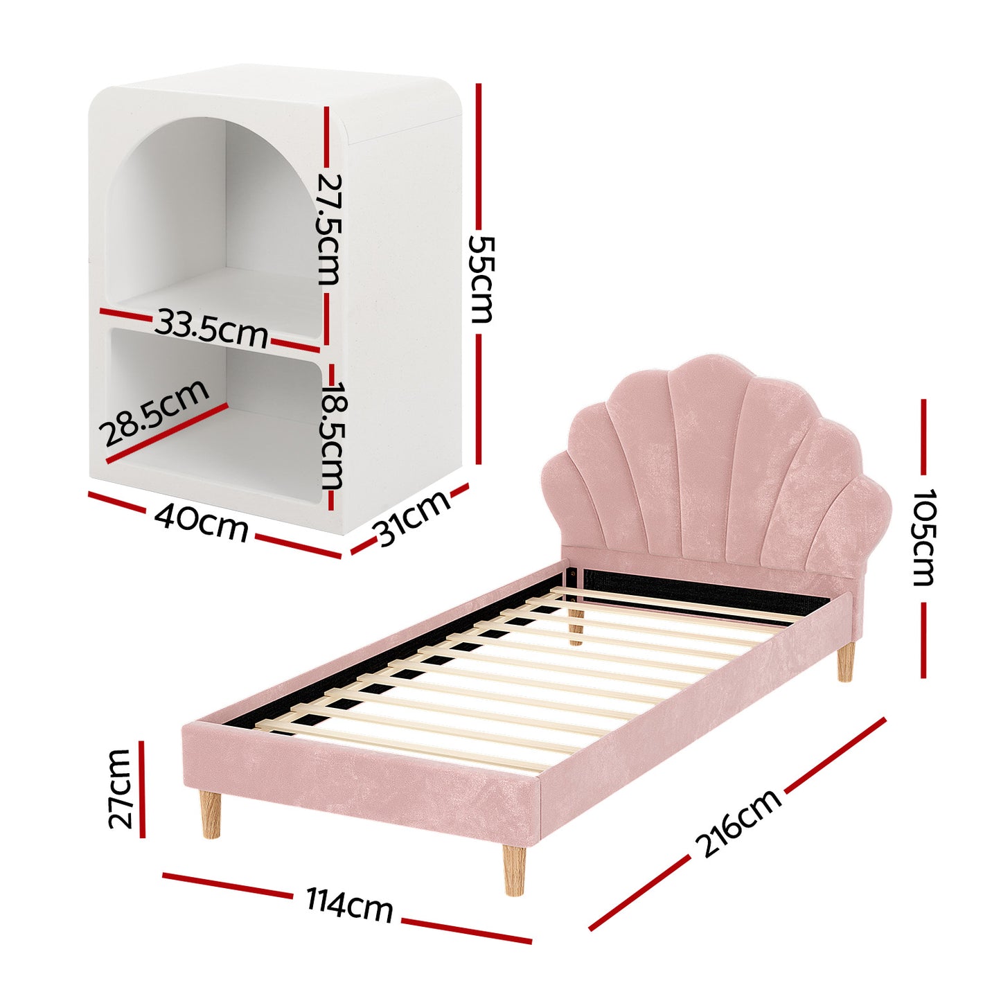 Artiss Bed Frame King Single with Bedside Table Set Scallop Headboard Pink Velvet Fabric Beds Base