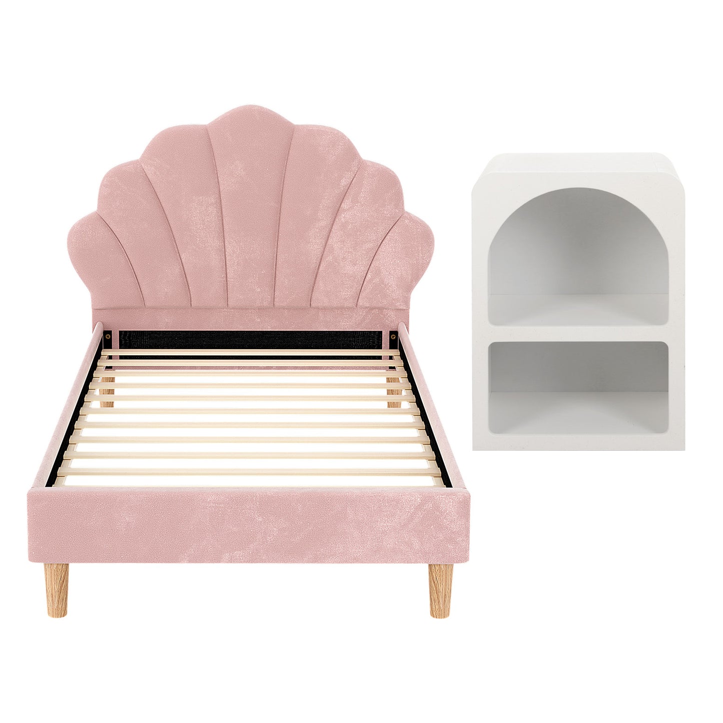 Artiss Bed Frame King Single with Bedside Table Set Scallop Headboard Pink Velvet Fabric Beds Base
