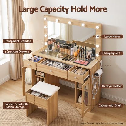 Artiss Dressing Table Vanity Desk Set LED Bulbs RGB Light Wood