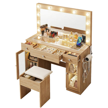 Artiss Dressing Table Vanity Desk Set LED Bulbs RGB Light Wood