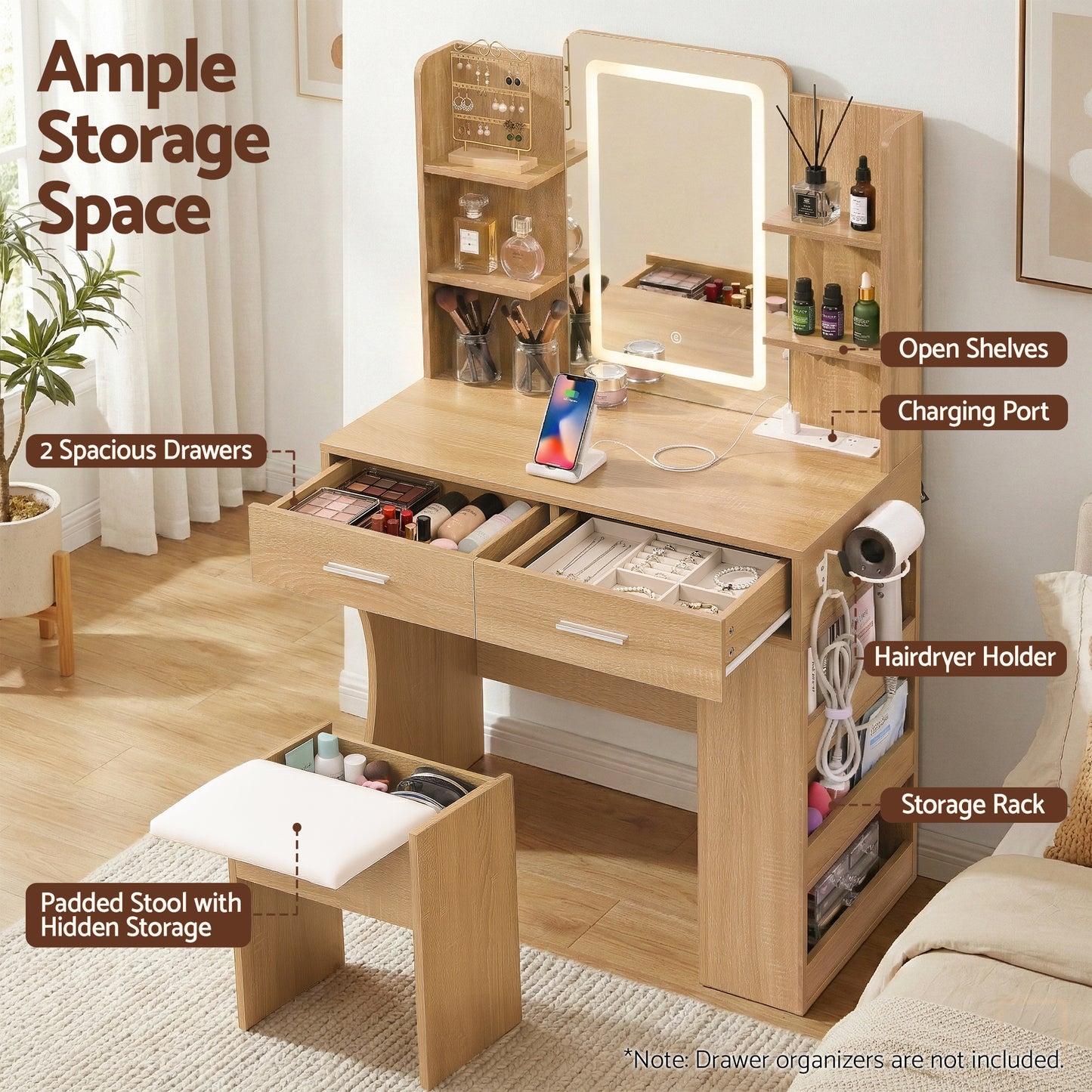 Artiss Dressing Table LED Vanity Desk Set Stool Wood