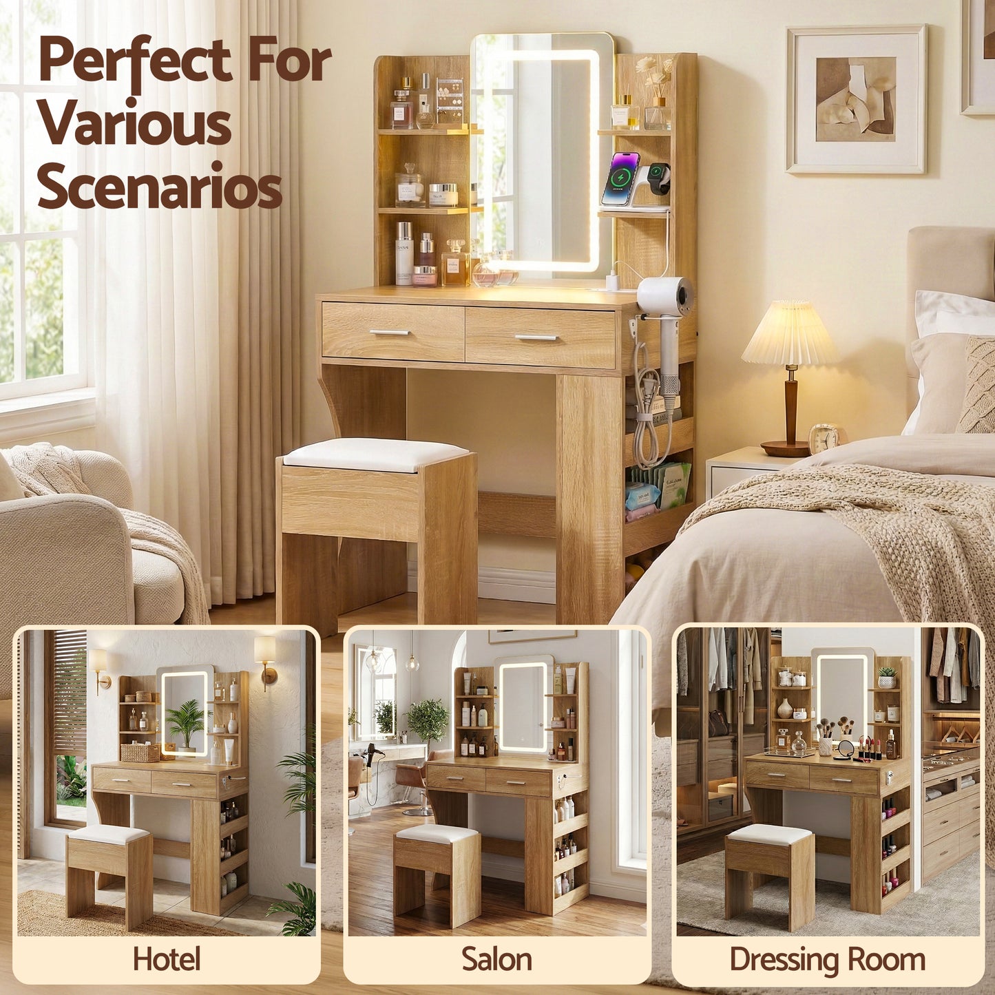 Artiss Dressing Table LED Vanity Desk Set Stool Wood