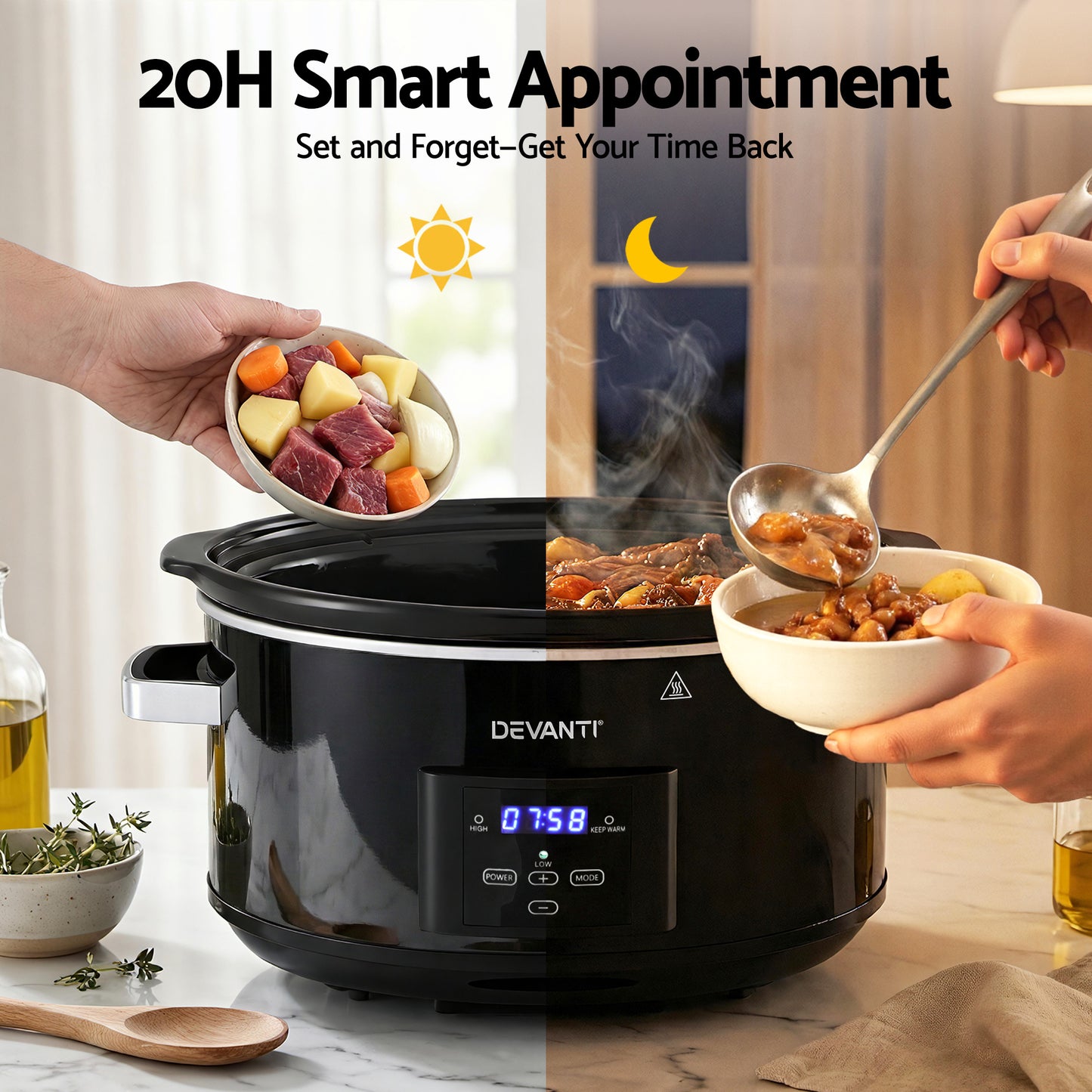 Devanti 8L Slow Cooker Electric Multi Cooker with 3 Heat Settings and Keep Warm Function