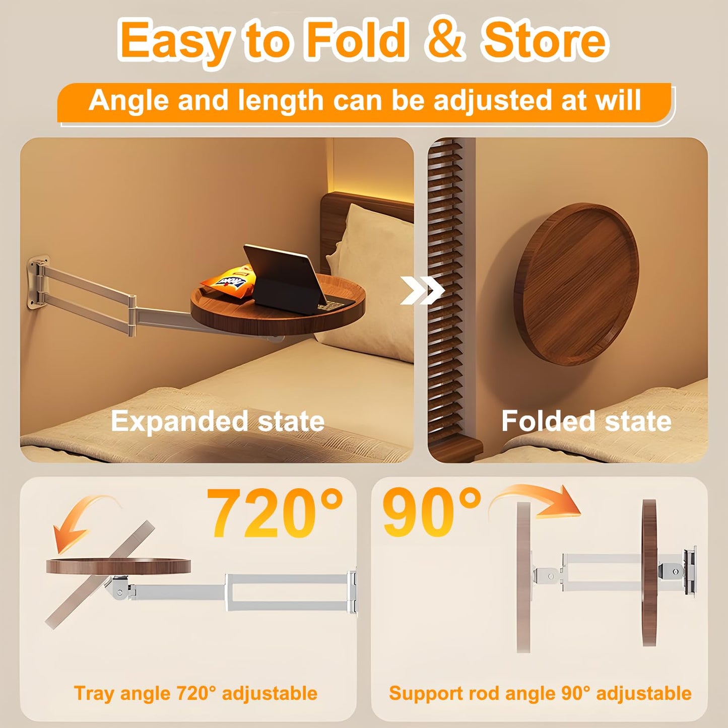 Wall-Mounted Foldable Round Table – Telescopic Adjustable Bedside Desk with Aluminum Alloy Support, Multi-Use Floating Table for Bedroom, Living Room, Balcony (White)