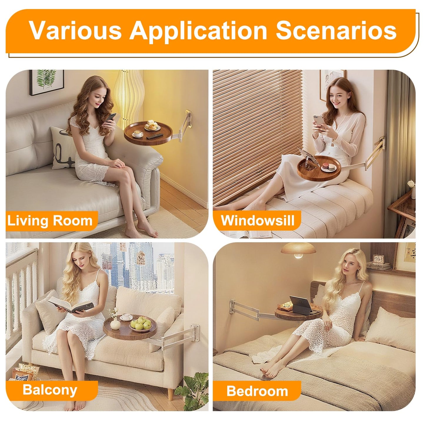 Wall-Mounted Foldable Round Table – Telescopic Adjustable Bedside Desk with Aluminum Alloy Support, Multi-Use Floating Table for Bedroom, Living Room, Balcony (White)