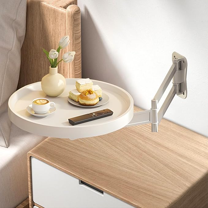 Wall-Mounted Foldable Round Table – Telescopic Adjustable Bedside Desk with Aluminum Alloy Support, Multi-Use Floating Table for Bedroom, Living Room, Balcony (Walnut)