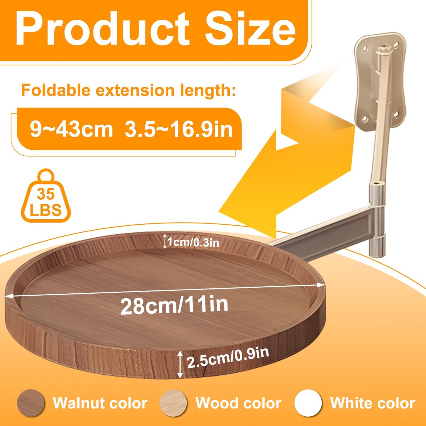 Wall-Mounted Foldable Round Table – Telescopic Adjustable Bedside Desk with Aluminum Alloy Support, Multi-Use Floating Table for Bedroom, Living Room, Balcony (Walnut)