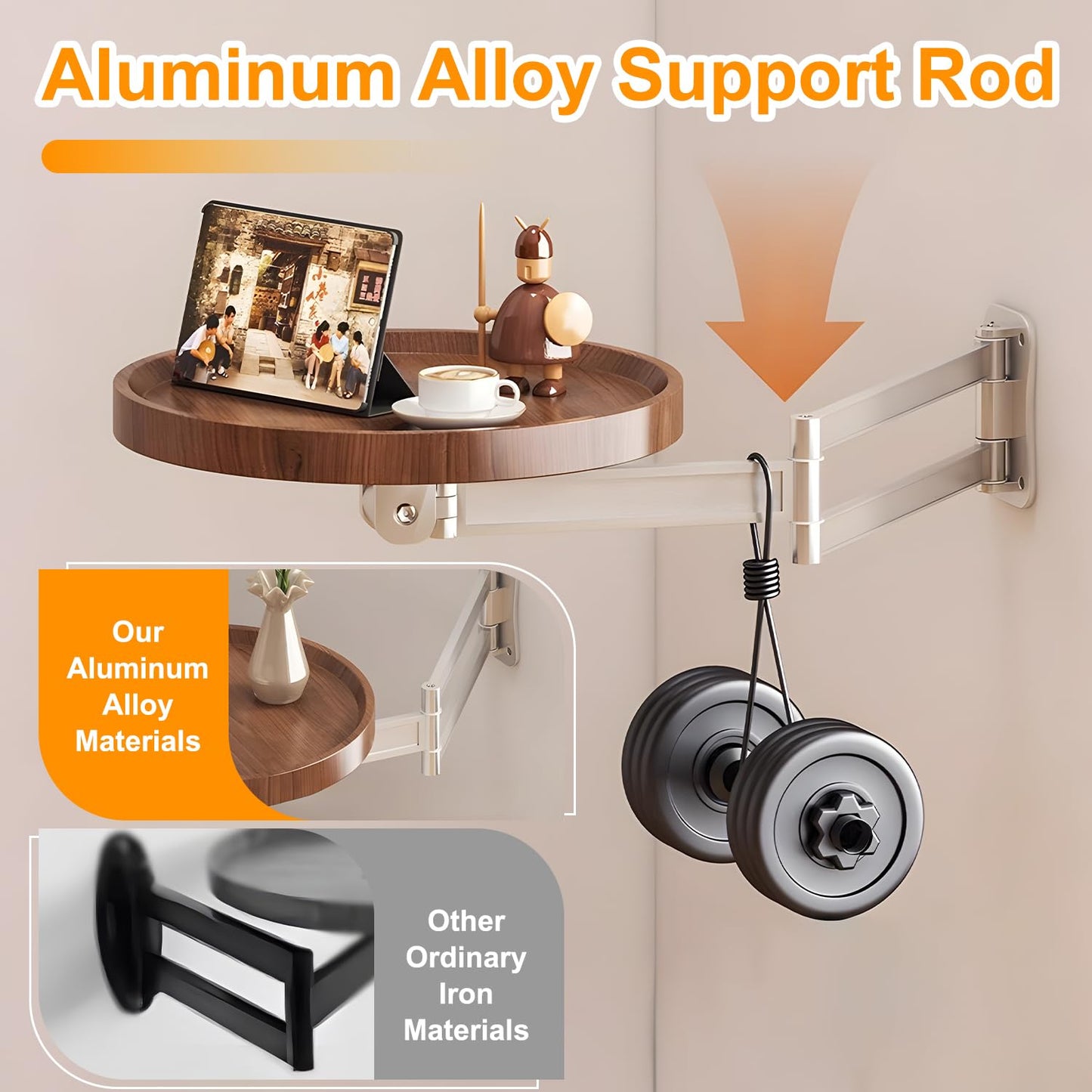 Wall-Mounted Foldable Round Table – Telescopic Adjustable Bedside Desk with Aluminum Alloy Support, Multi-Use Floating Table for Bedroom, Living Room, Balcony (Walnut)