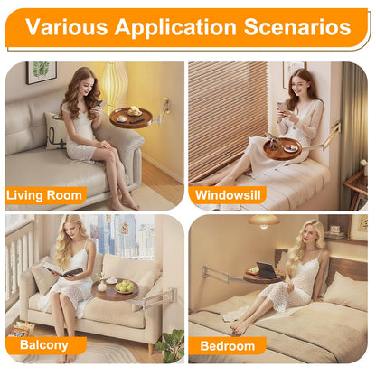 Wall-Mounted Foldable Round Table – Telescopic Adjustable Bedside Desk with Aluminum Alloy Support, Multi-Use Floating Table for Bedroom, Living Room, Balcony (Walnut)