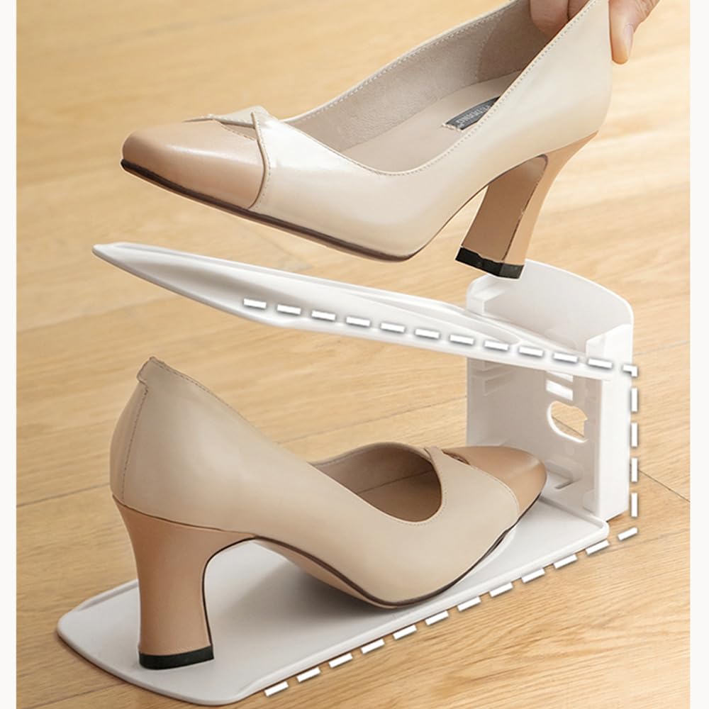 Adjustable Shoe Rack Organizer, 10-Pack Stackable Shoe Shelf for Closet Storage – Space-Saving Double Layer Shoe Holder with 3-Level Height Adjustment (White)