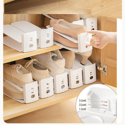 Adjustable Shoe Rack Organizer, 10-Pack Stackable Shoe Shelf for Closet Storage – Space-Saving Double Layer Shoe Holder with 3-Level Height Adjustment (White)