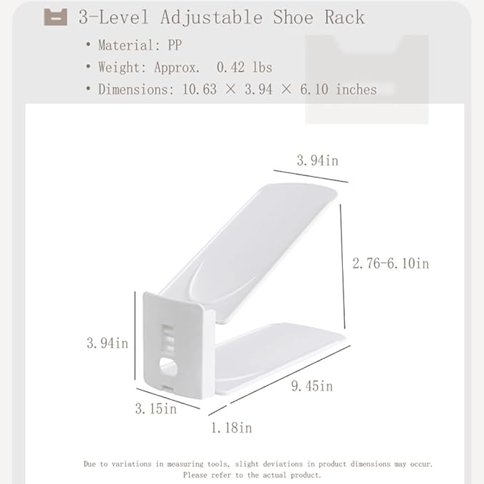 Adjustable Shoe Rack Organizer, 10-Pack Stackable Shoe Shelf for Closet Storage – Space-Saving Double Layer Shoe Holder with 3-Level Height Adjustment (White)