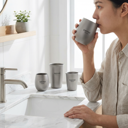 4-Piece Pure Titanium Cup Set – Double-Walled, Lightweight, Stackable Outdoor Drinking Cups for Camping, Hiking, Travel and Office Use (Gray)