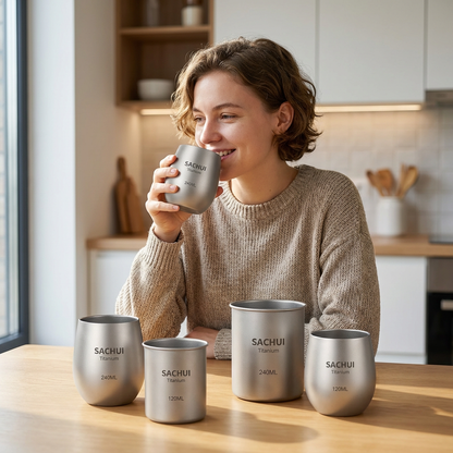 4-Piece Pure Titanium Cup Set – Double-Walled, Lightweight, Stackable Outdoor Drinking Cups for Camping, Hiking, Travel and Office Use (Gray)