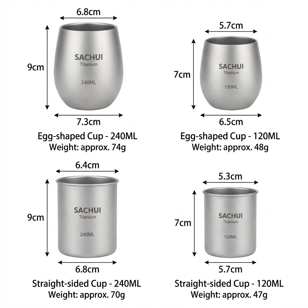 4-Piece Pure Titanium Cup Set – Double-Walled, Lightweight, Stackable Outdoor Drinking Cups for Camping, Hiking, Travel and Office Use (Gray)