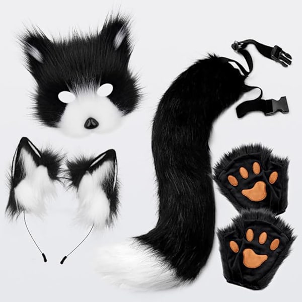 Grey Fox Tail Cat Ears Gloves Halloween Cosplay Costume Set