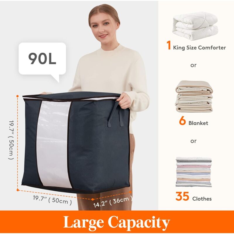 Large Capacity Clothes Storage Bag With Reinforced Handle Upgraded Fabric For Quilts, With Strong Zipper, Clear Window,