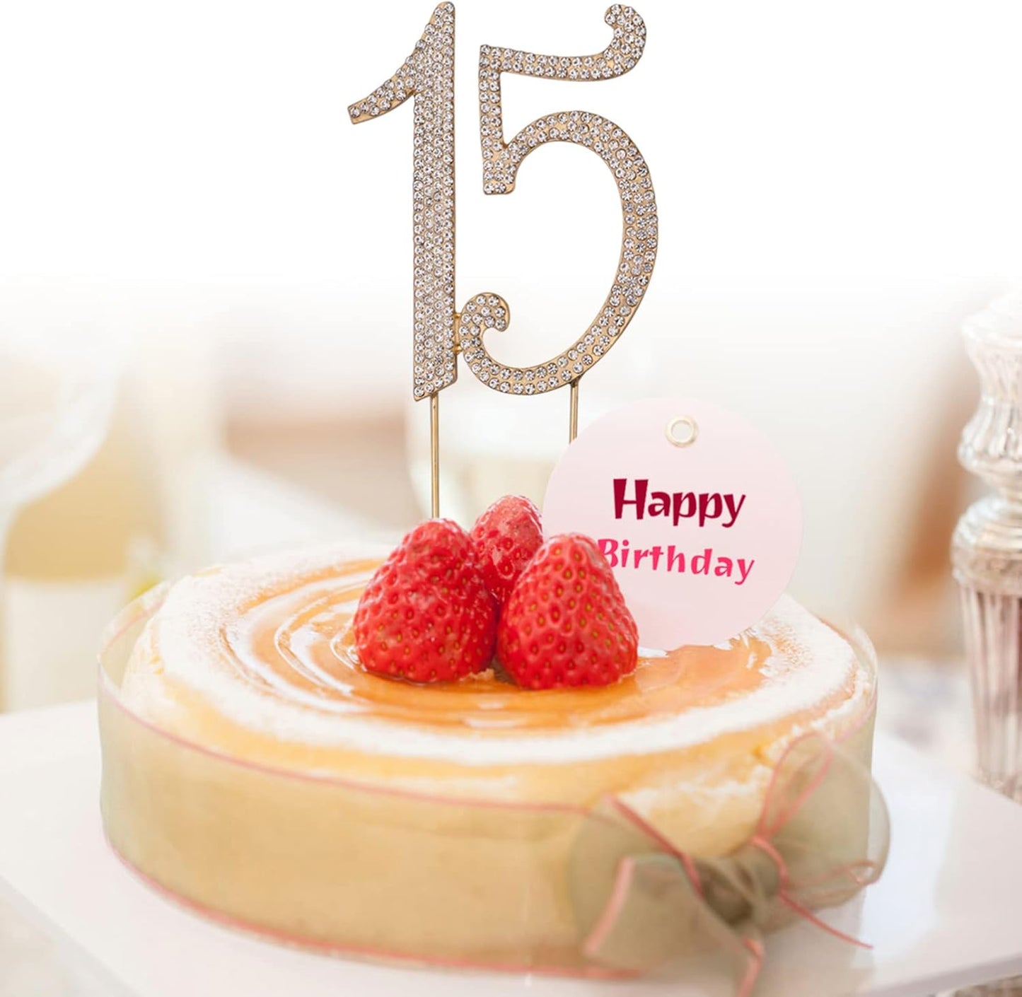 15 Cake Topper Birthday Number 15 Crystal Rhinestones Cake Topper 15th Cake Decoration for Birthday Anniversary Party Decoration Supplies (Gold)