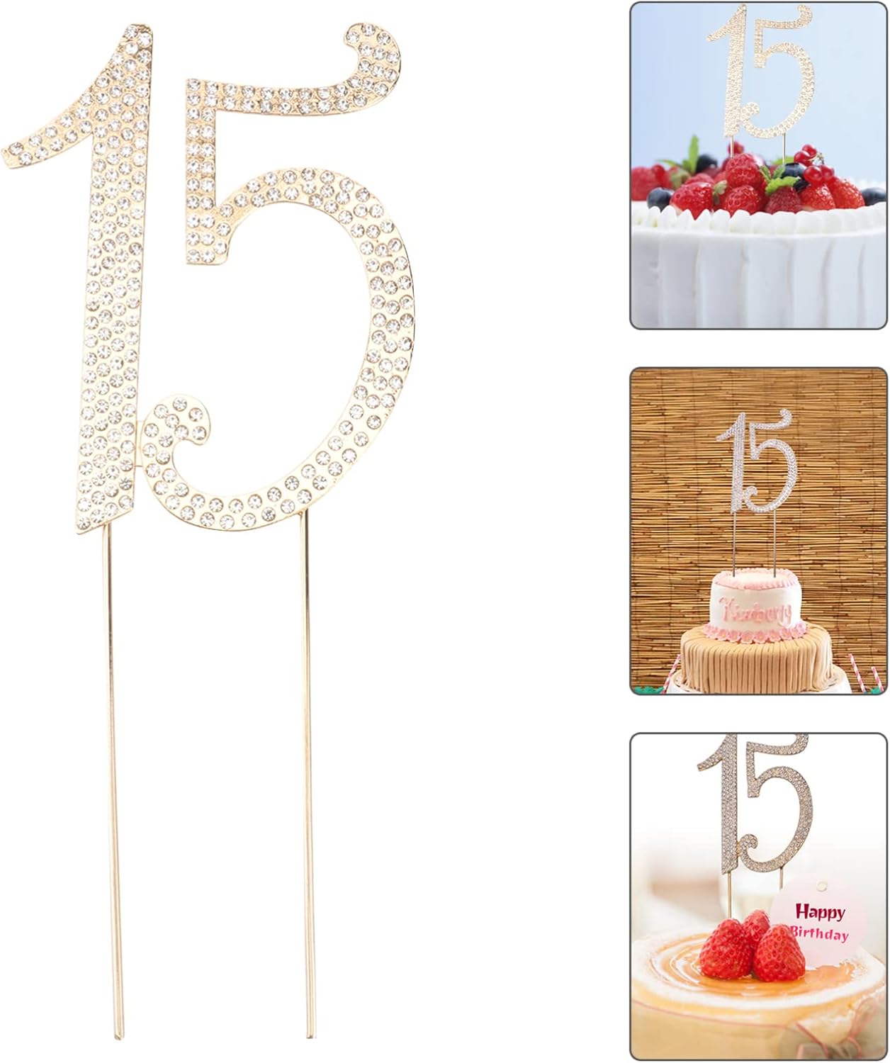 15 Cake Topper Birthday Number 15 Crystal Rhinestones Cake Topper 15th Cake Decoration for Birthday Anniversary Party Decoration Supplies (Gold)