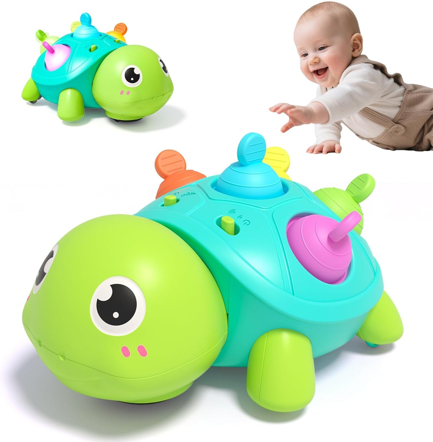 Educational Toys 0-5 Years – Baby Night Light – Baby Crawling Musical Turtle – Lights and Music for Fine Motor Skills and Sleep Guidance – 2-in-1 Play and Sleep Mode – Obstacle Avoidance – BPA Free and Teether Friendly