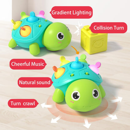 Educational Toys 0-5 Years – Baby Night Light – Baby Crawling Musical Turtle – Lights and Music for Fine Motor Skills and Sleep Guidance – 2-in-1 Play and Sleep Mode – Obstacle Avoidance – BPA Free and Teether Friendly
