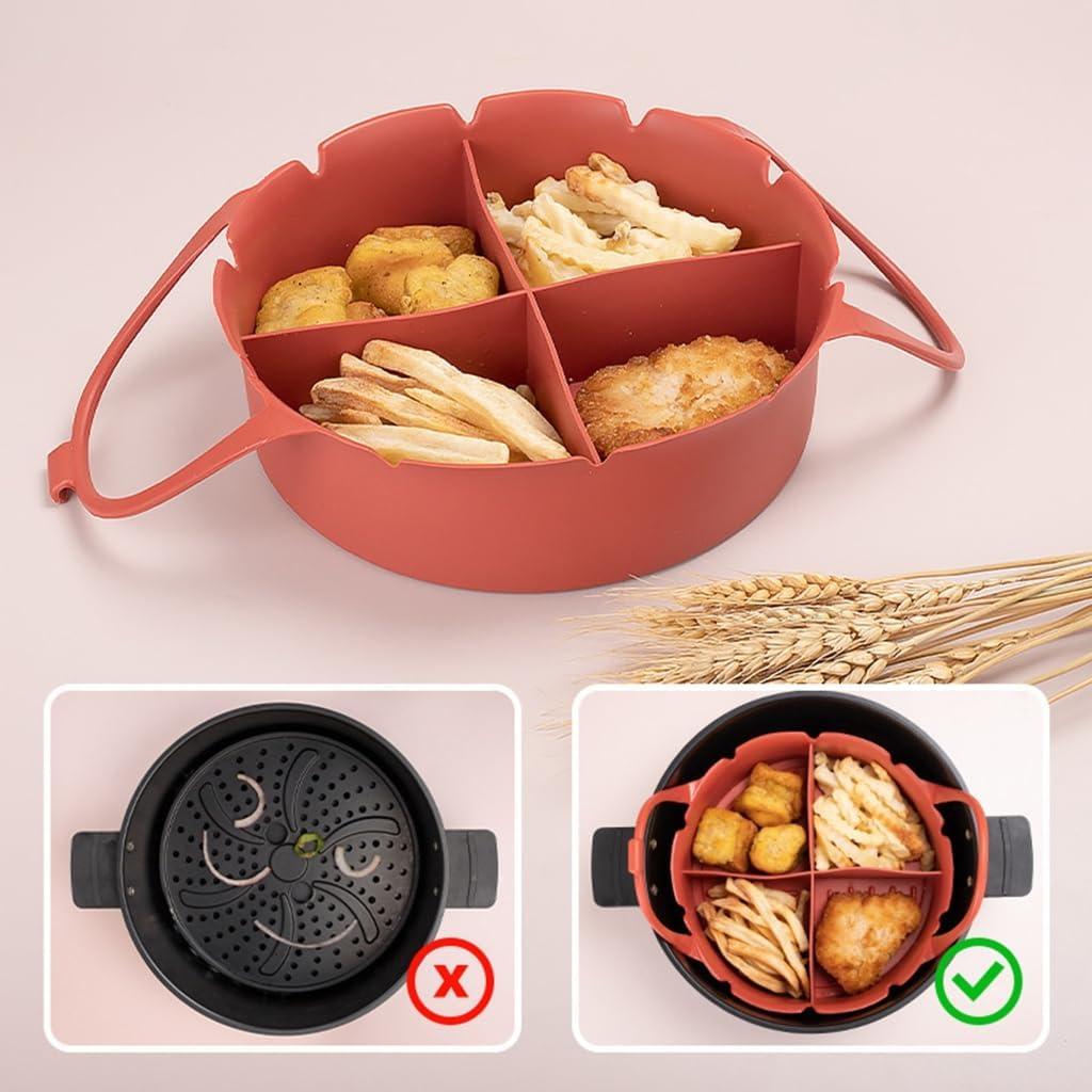 Airfryer Baking Tray – Airfryer Accessories – Silicone Airfryer Basket Liner with Four-Compartment Divider – Oven Safe Grilling Mats – Silicone Airfryer Bowl for Baking & Cooking – Black – 1 Piece