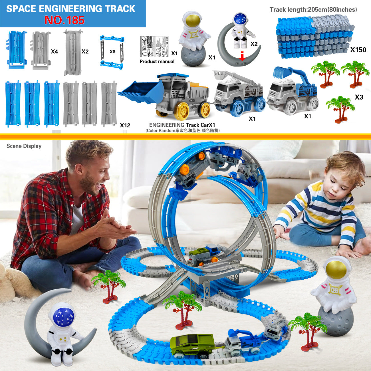 Race Track Building Kit - Anti-Gravity Engineering Track - With Excavator & Train - Creative Gift for Kids