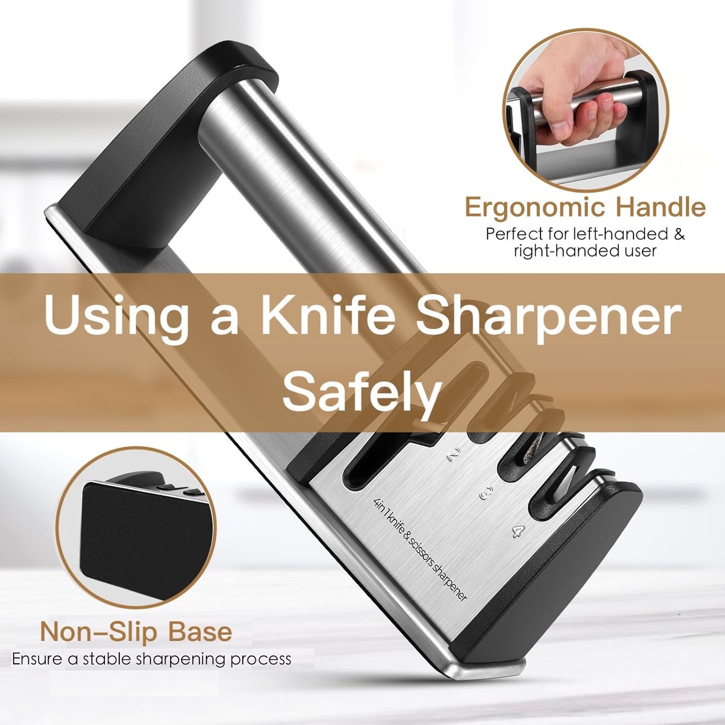 4-in-1 Knife Sharpener - With Scissor Sharpener - 3-Step Pull-Through Sharpener for Kitchen Knives - Anti-Slip & Ergonomic - Stainless Steel - Knife Sharpener