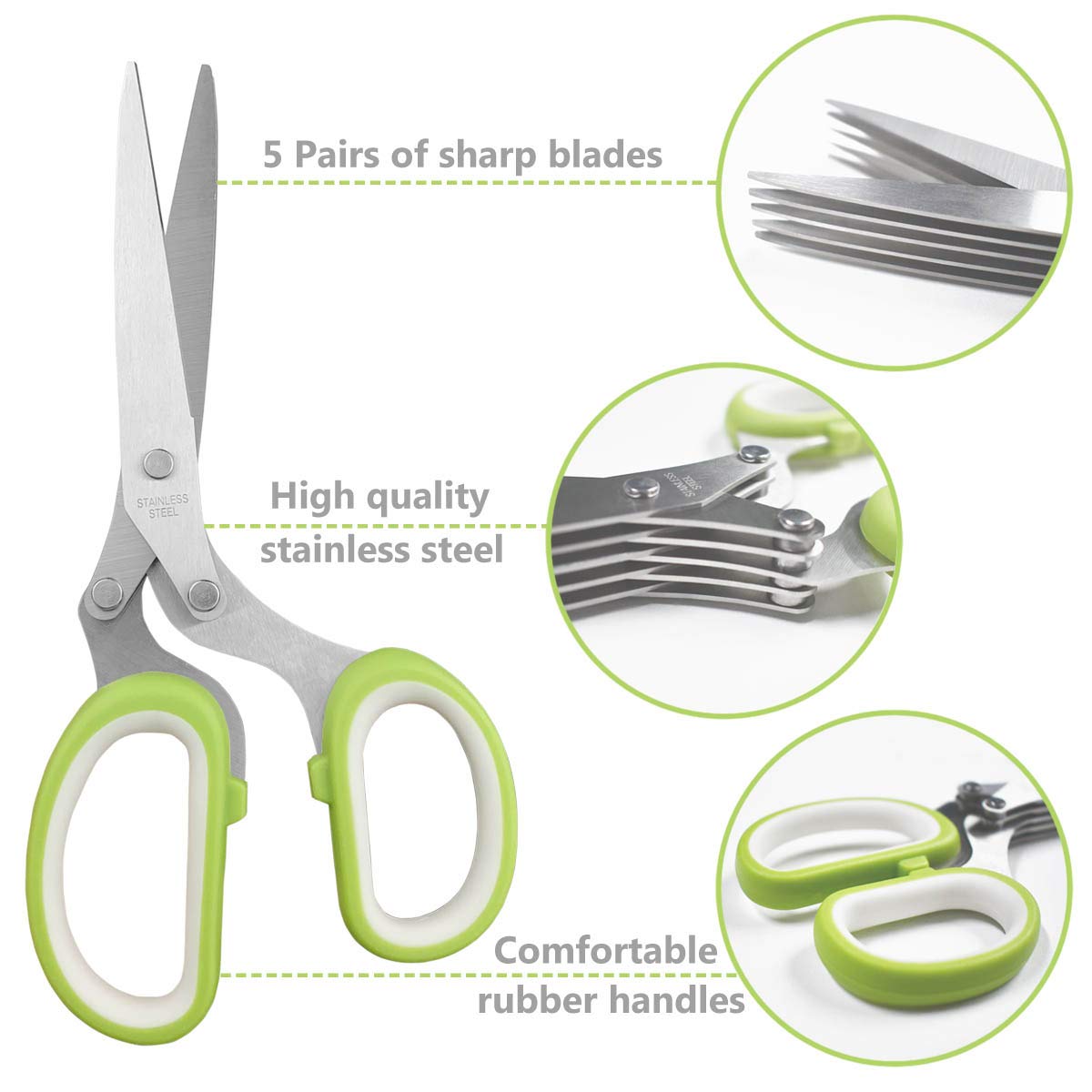 Herb Scissors Stainless Steel - Kitchen Scissors with 5 Blades - Vegetable Scissors - Chive Scissors - Herb Cutter - Kitchen Gadget - With Cleaning Comb and Protective Cover - Shredder - Kitchen Utensils - Parsley Cutter - Dishwasher Safe - Green - 1 Piec