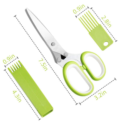 Herb Scissors Stainless Steel - Kitchen Scissors with 5 Blades - Vegetable Scissors - Chive Scissors - Herb Cutter - Kitchen Gadget - With Cleaning Comb and Protective Cover - Shredder - Kitchen Utensils - Parsley Cutter - Dishwasher Safe - Green - 1 Piec