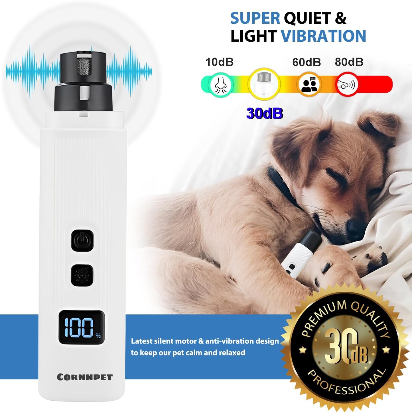 Dog Nail Drill - Electric Nail File - Cat Nail Trimmer - Pet Care - Paw Care - Nail Grinder - Dog Groomer - Animal Nail File - Cordless Design - Rechargeable Battery - With LED Lighting - Silent Motor - White - 1 Piece