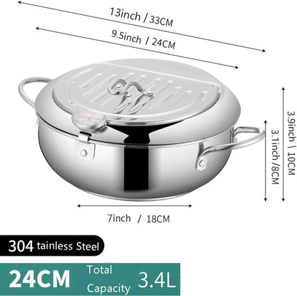 Deep fryer - Tempura pan - 24 cm - Stainless steel pan - Kitchen accessories - Japanese deep fryer - Induction deep fryer - Deep fryer - Cooking pot - Stainless steel pan - Large deep fryer - Kitchen utensils - Household - Silver - 1 piece