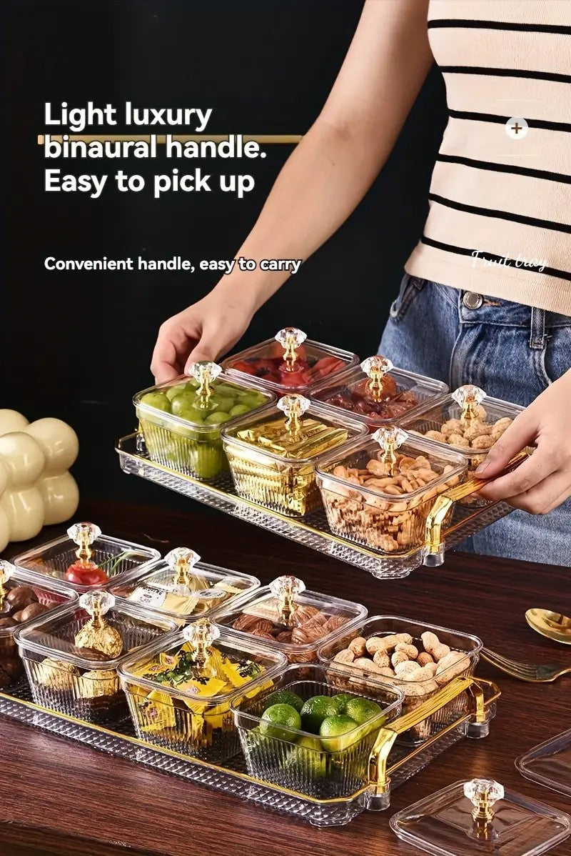1-Piece 8-Compartment Snack Tray, BPA-Free Plastic Food-Grade Snack Organizer, Perfect for Nuts, Fruits, Candies, Potato Chips - Elegant Gold Decor for Home Entertainment, Party Snack Table Decoration, Party Snack Storage Box | Gold-Plated Tray