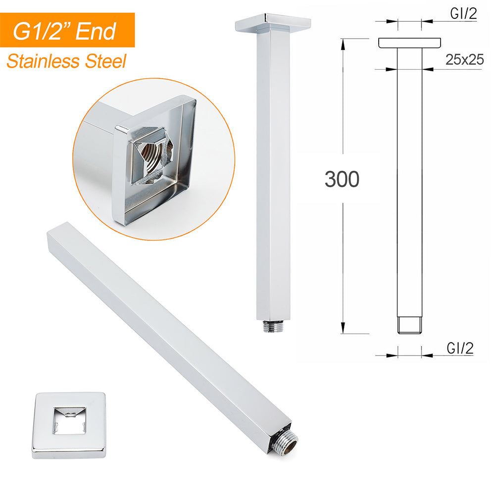 WELS 12" Rainfall Shower Head 300mm Ceiling Dropper Extension Arm Chrome Square Set