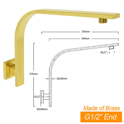 WELS Brushed Gold 12" Square SUS Shower Head + Brass Gooseneck Wall Arm Set