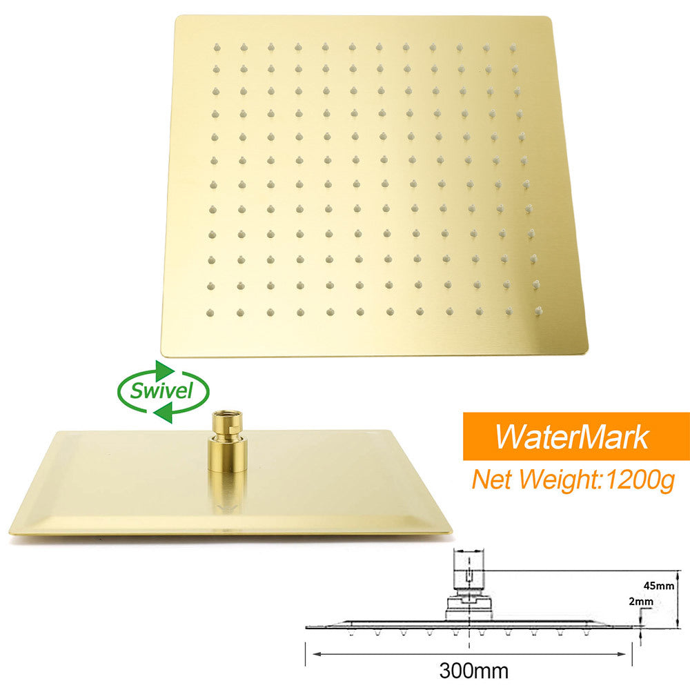 WELS Brushed Gold 12" Square SUS Shower Head + Brass Gooseneck Wall Arm Set