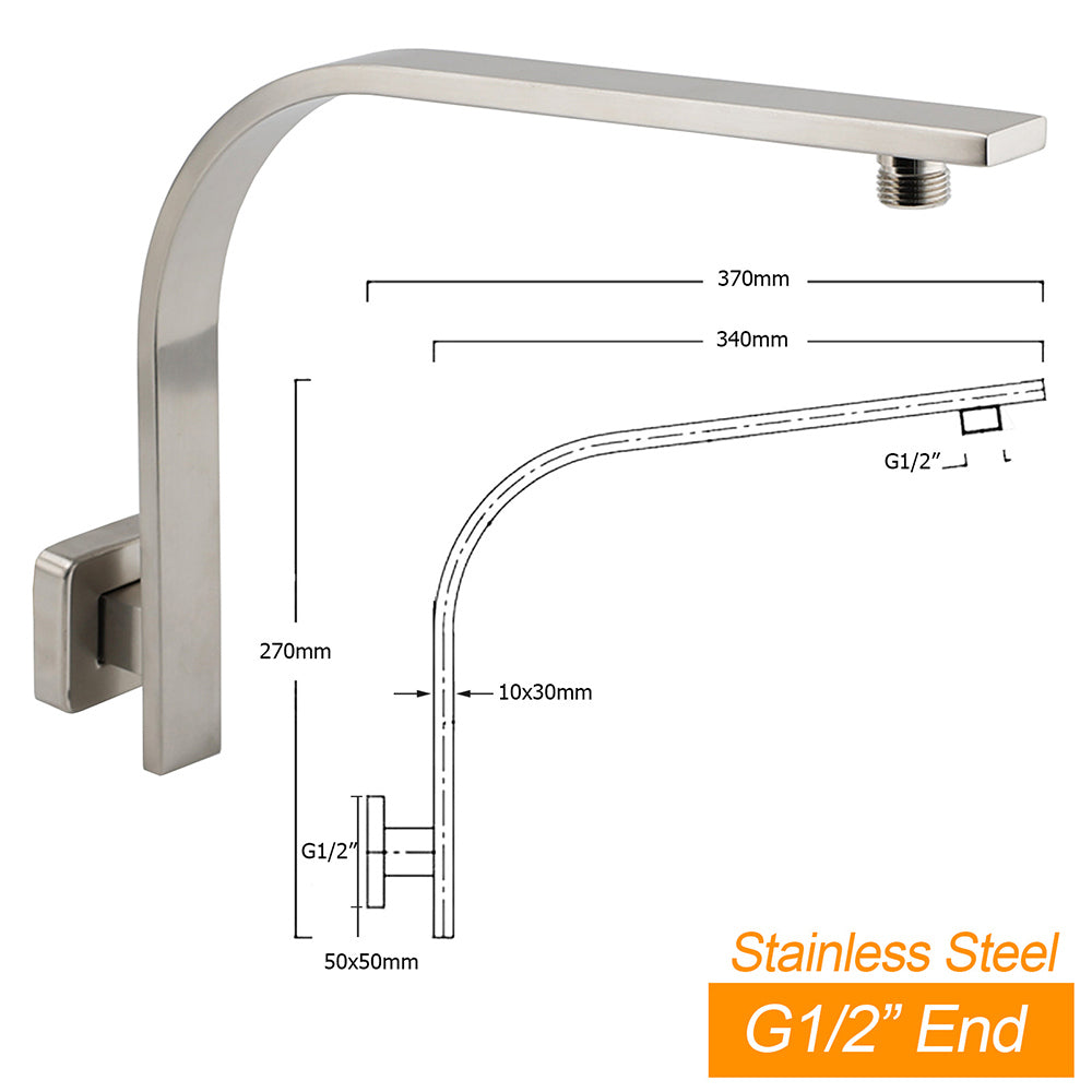 Brushed Nickel Silver Square 8" Rain Shower Head & Brass Gooseneck Wall Arm Set