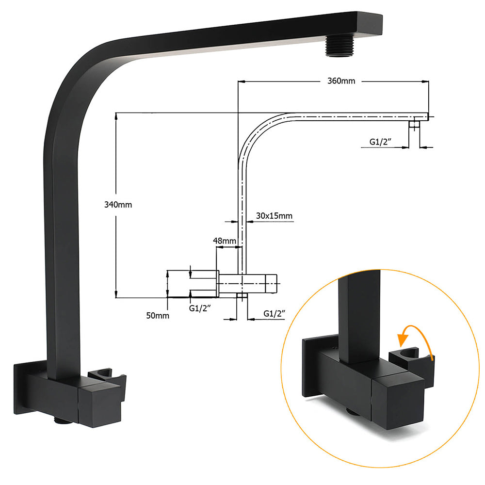 WELS Matt Black 8" Shower Head 3 Modes Handheld Gooseneck Arm Square 2in1 Set Twin Taps
